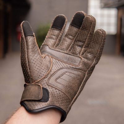 Black Pup Moto Thumpa Gen 1 Perforated Vintage Brown Leather Short Cuff Summer Motorcycle Gloves