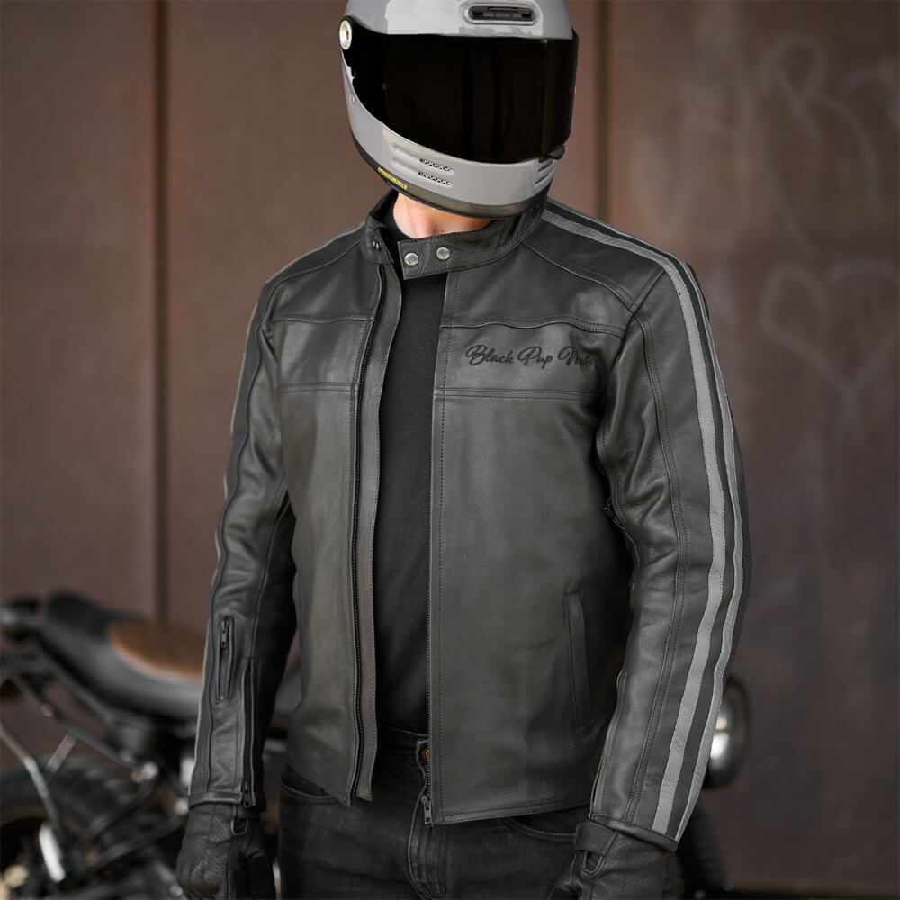 Black Pup Moto Dusk Retro Black Pinstrip Leather Motorcycle Jacket